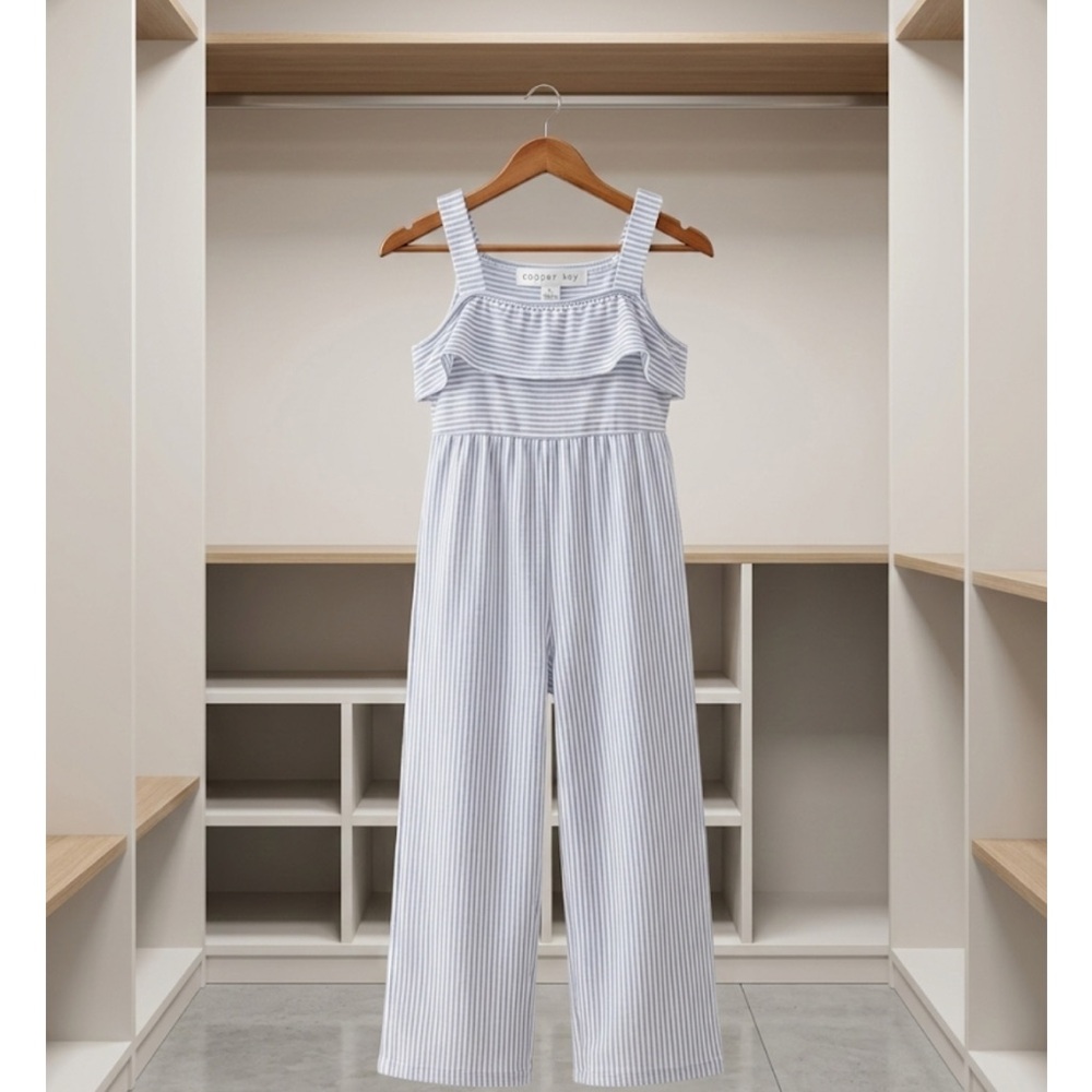 Copper Key Girls Blue White Striped Ruffle Romper Jumpsuit Size Large (L)